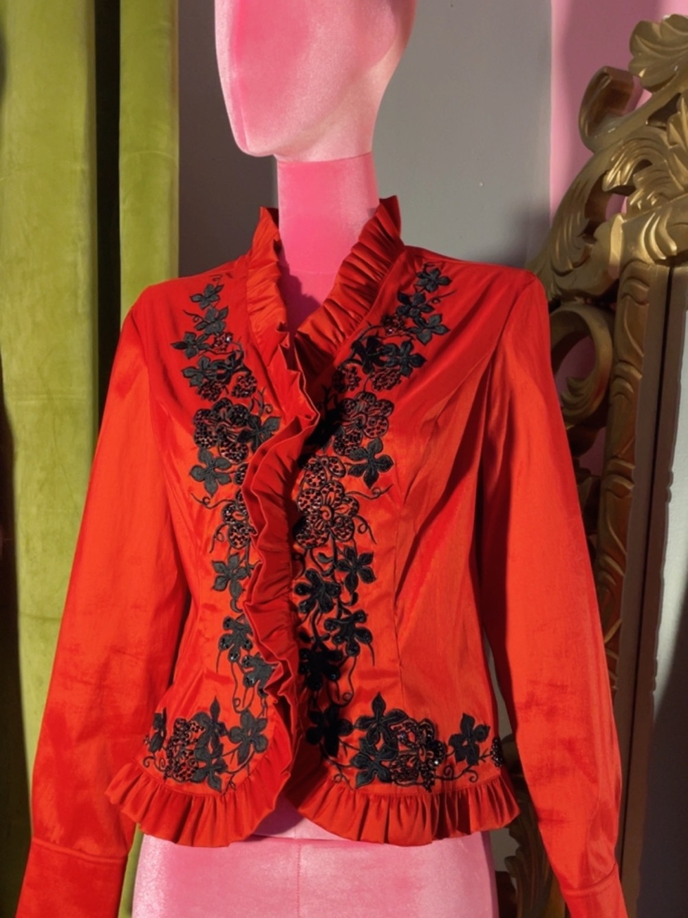 Red Ruffle-Trim Embroidered Women's Blazer - Picture 2 of 5